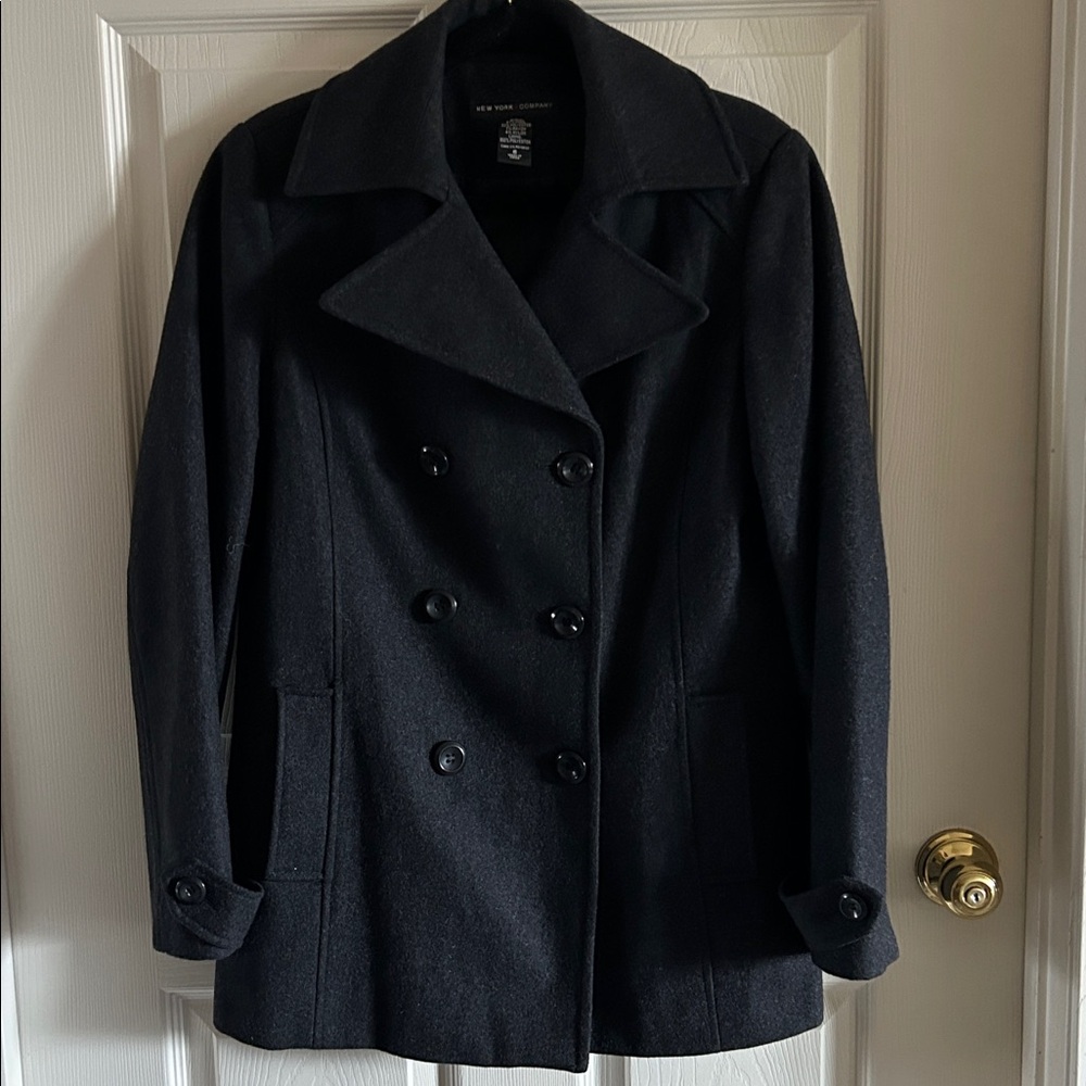 New York & Co Womens Double Breasted Midi Charcoal Gray Wool Blend Pea Coat Sz 6